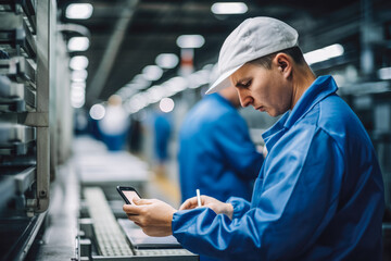 Worker in factory checking smartphone. Worker in work clothes in smartphone factory. - obrazy, fototapety, plakaty