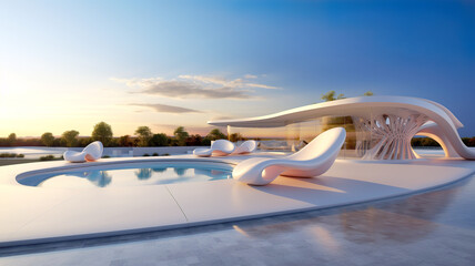 Modern home with pool and sunbeds. Comfort and luxury appear in all forms. Modern architecture concept. AI generated.