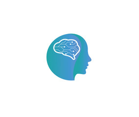 Creative Human Brain Technology Logo design vector icon symbol illustrations. Colorful connecting data for artificial intelligence and human face. Its a creative mind logo with full of ideas