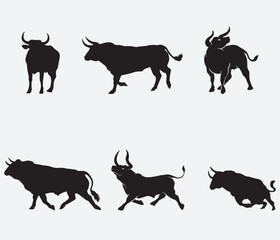 A series of bull cattle animal silhouettes - obrazy, fototapety, plakaty