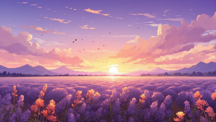 Sunset over a lavender field, with fragrant blooms and bees in the warm evening light, Anime Style. - obrazy, fototapety, plakaty