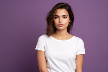 Fototapeta premium Portrait of a fictional beautiful young woman in a blank t-shirt smiling. Isolated on a plain colored background. Generative AI.