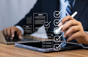 Digital Checklists for efficient business management, Businessman touching marking on checklist...