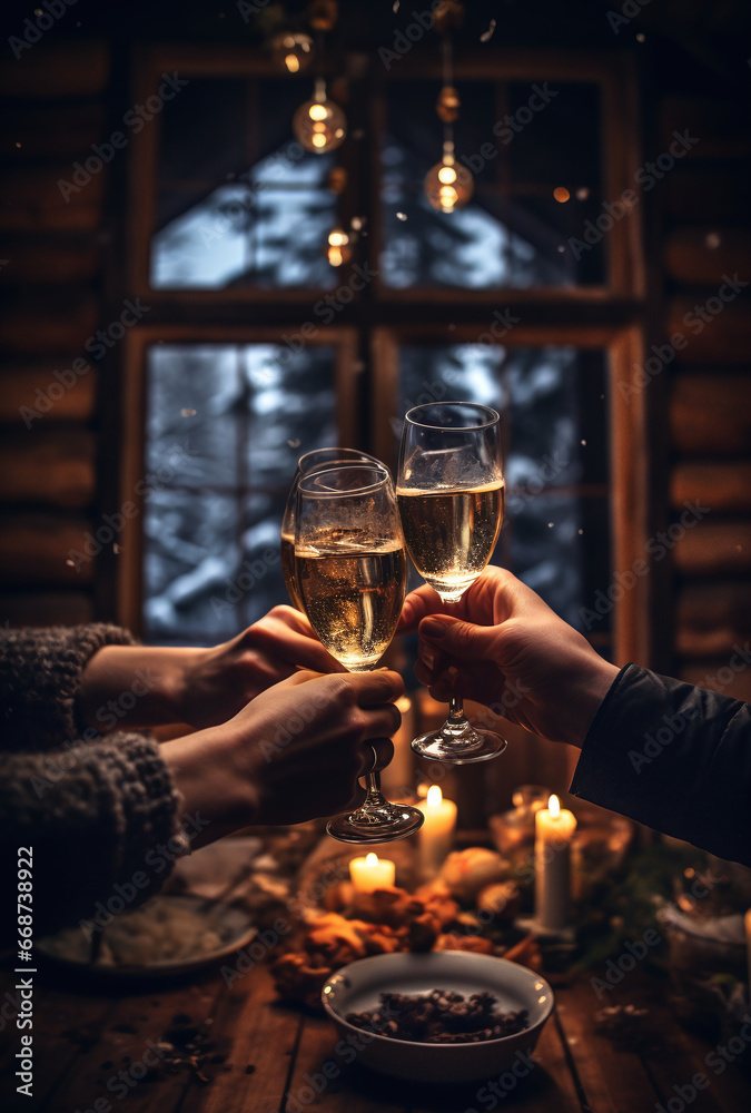 Wall mural people holding champagne glasses at a christmas dining table