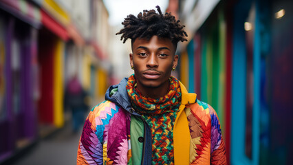 Gay fashion model wearing brightly colored clothes seen on the street