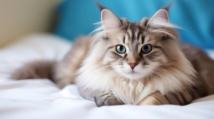 A cute cat peacefully napping on a bed, looking sweetly at the camera with an endearing gaze, set against a background of beautiful bokeh blur and lovely lighting