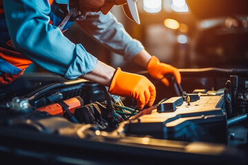 Hands of mechanic working. Mechanic repairing engine in car.