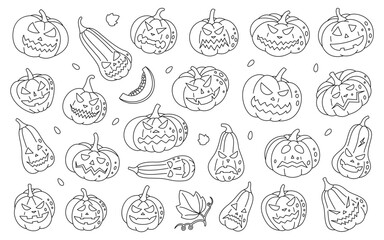 Pumpkins scary faces outline set. Autumn pumpkins faces. Autumn halloween vegetables. Vector illustration.