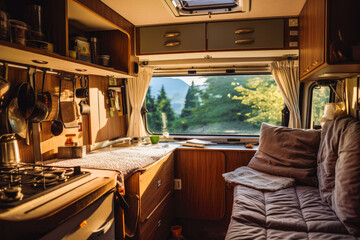 Motor home life. Camper van interior. Parked in nature with chairs and table in front. Traveling with a camper.