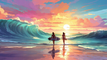 Fototapeta na wymiar Vibrant beach sunset, with surfers riding waves as the sun sets on the horizon, Anime Style.