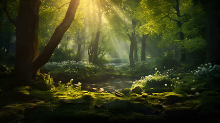 A magical woodland glade illuminated by rays of sunlight filtering through the dense canopy - obrazy, fototapety, plakaty
