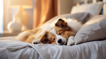 A cute puppy peacefully snoozing on a bed, looking sweetly at the camera, with a charming and endearing expression, and an enchanting bokeh effect with beautiful lighting.