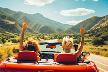 Two girls in red car driving with their hands up. Freedom concept and traveling escape. - obrazy, fototapety, plakaty