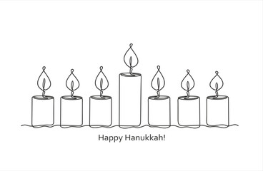 Happy Hanukkah. Menorah one line drawing. Continuous one single line drawing of Traditional Jewish candle. Judaism. 
