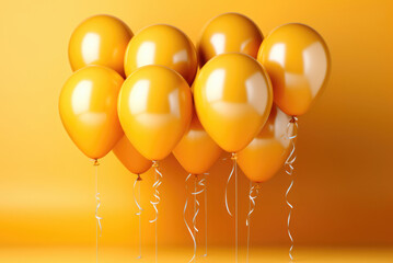 Yellow glossy helium balloons on a yellow background in the studio