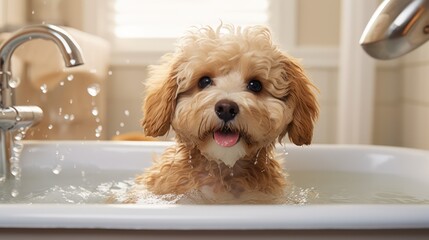 Close up photo of a dog bathing looking at the camera
