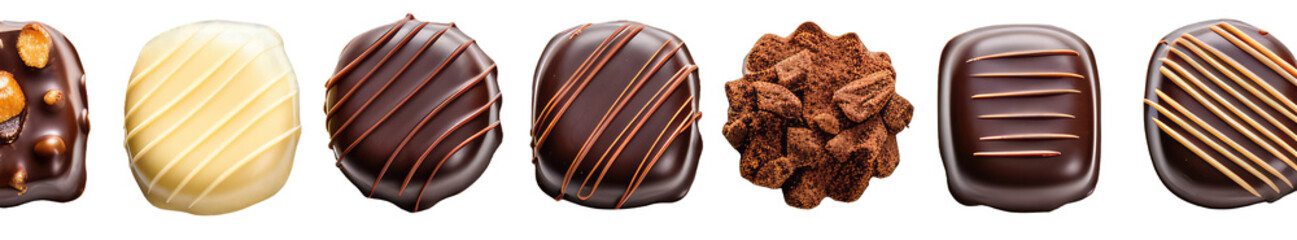 Top view of various chocolate pralines isolated on transparent background with copyspace