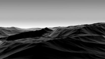 Dark mountain landscape, rocky terrain. Mountain surface, gloomy landscape, dark gray. 3D render