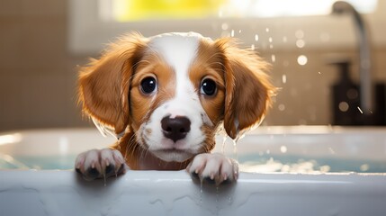 Close up photo of a dog bathing looking at the camera