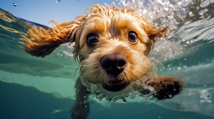 Close up photo of dog swimming or underwater, looking at camera - obrazy, fototapety, plakaty