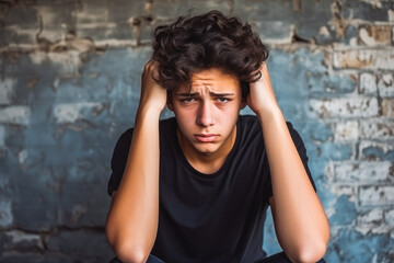 Sad hispanic teenage boy sitting with head in hands. Desperate teenage boy frustrated.