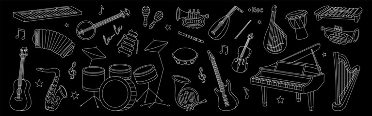 Musical instruments outline kit. Musical school set. Tuba, trumpet, drum flute, french horn, lute, violin, electric bass guitar, acoustic guitar.