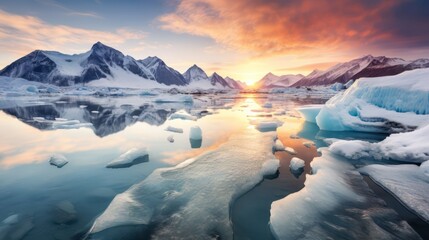 A snowy mountain landscape, glacier photograph of melting icebergs, producing drifting ice fragments that glisten beneath the splendid sunlight. - obrazy, fototapety, plakaty