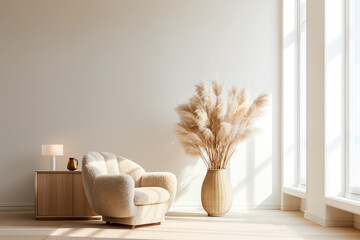 Cream white wwivel armchair and pampas grass background

