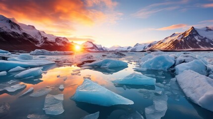 A stunning photograph of melting icebergs landscape, producing drifting ice fragments that glisten beneath the splendid sunlight. - obrazy, fototapety, plakaty