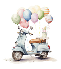 Cartoon rabbit on a scooter and balloons in 3d style. Isolated vector illustration