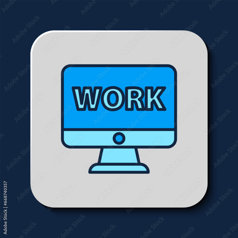 Poster filled outline computer monitor with text work icon isolated on blue background. vector