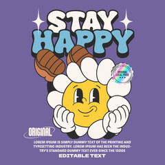 daisy flower groovy character 90s design illustration with slogan, retro cartoon character