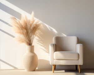 Fototapeta na wymiar Modern living room interior with chair and pampas grass background