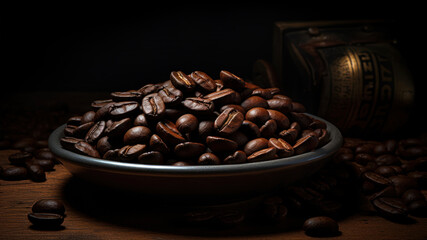 Coffee beans in a bowl on a wooden table. Selective focus.