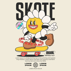 skate daisy flower groovy character 90s design illustration with slogan, retro cartoon character