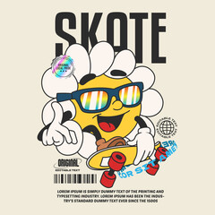 skateboard daisy flower groovy character 90s design illustration with slogan, retro cartoon character