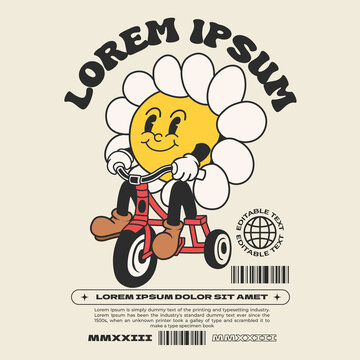 bicycle daisy flower groovy character 90s design illustration with slogan, retro cartoon character