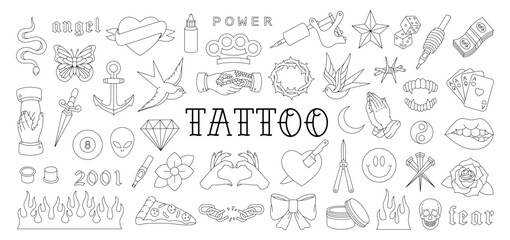 Old school tattoos outline set. Various old school tattoos. Swallow, rose, heart, knife, anchor, skull, hands, flowers, snake. Vector illustration.