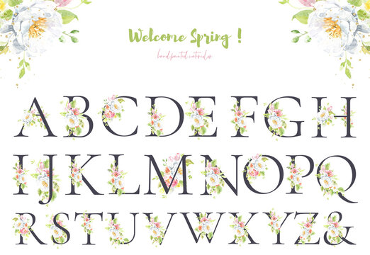 Watercolor black grey rose floral alphabet. Spring flowers letter  monogram initials illustration. Botanical, rose peony bouquet, green, garden decor. Spring wedding stationery greeting card, rsvp	
