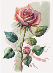 illustrazione di stelo di rosa con fiore sbocciato, e foglie in stile tavola botanica, colori ad acqua su carta ruvida