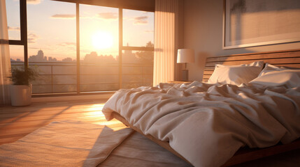 Sunlight on bed in simple bright bedroom. Cozy home interior design - obrazy, fototapety, plakaty