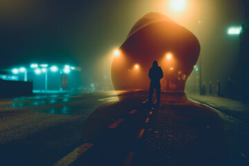 A double exposure of a unknown scary hooded figure, standing in a street on a spooky, foggy night. With glowing street lights and a blurred background. - obrazy, fototapety, plakaty