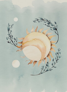 illustrazione di sole e astri ed elementi floreali realizzati in colori ad acqua su carta ruvida