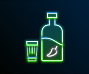 Glowing neon line Vodka with pepper and glass icon isolated on black background. Ukrainian national alcohol. Colorful outline concept. Vector - Powered by Adobe