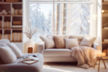 Blurred cozy living room interior in winter.