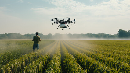 The sight of pesticides being sprayed by drones on a vast corn field. - obrazy, fototapety, plakaty