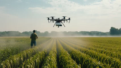 Crédence de cuisine en verre imprimé hélicoptère The sight of pesticides being sprayed by drones on a vast corn field.