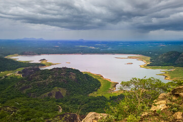 A wide angle view of Aliyar Dam from Laom's View point, Pollachi -Valparai Road, Tamil Nadu