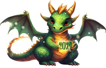 Generative AI. The green cute kind dragon holds the numbers 2024 in its paws. Shining fantastic monster. Fairy tale. On a white background. Festive mood. 3D illustration for children, holiday. The