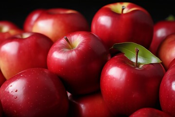 Fototapeta na wymiar Ripe red apples with green leaf on black background, closeup. generative ai. 